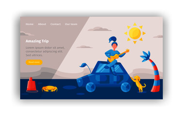Travel illustration for web design or other use. Girl with a guitar on a car and a dog.