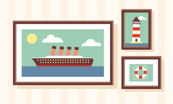Vector illustration of a set paintings with frame on the wall.Image of a lighthouse,lifebuoy,ship.For design, web,graphic.Cartoon,flat style. Marine theme.Ocean passenger liner.Cozy interior.For home.