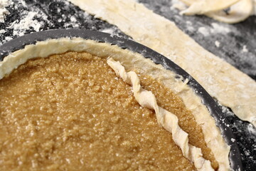Twist strips into spirals and arrange on top of filling. Making Shoofly Tart Series.