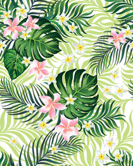 Tropical seamless vector pattern.Summer illustration with parrot and exotic flowers , leaves.
