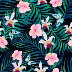 Tropical seamless vector pattern.Summer illustration with parrot and exotic flowers , leaves.
