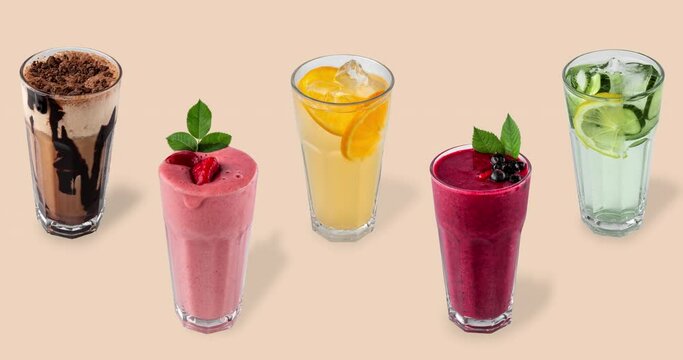 many glasses with summer multi colored cocktails animated on a pastel background. backdrop with a refreshing drinks. advertising template for menu of cafe and restaurant
