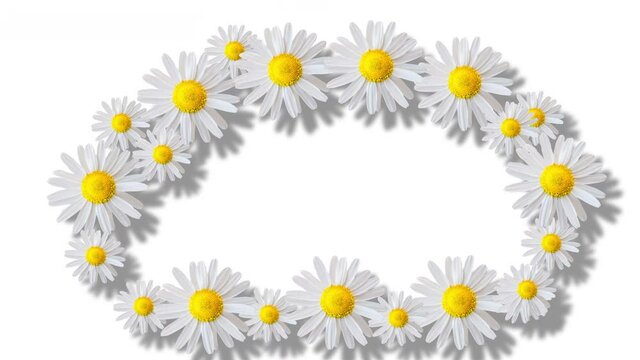 Coloured frame and white floral background. Motion design. Moving daisy flowers, camomiles framework. Copy space. Colourful flower frame. 