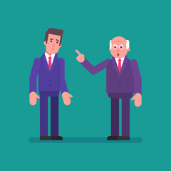 Old businessman reprimands guy. Flat people