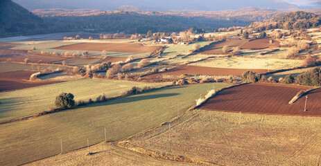 Aerial view of agricultural fields in La Garrotxa, Catalonia