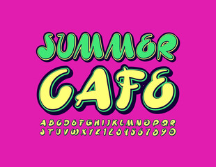 Vector colorful sign Summer Cafe with bright Handwritten Font. Creative Alphabet Letters and Numbers