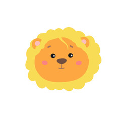 Vector illustration of a cute lion face. Isolated on white background.Safari summer funny animal.Cartoon and flat wildcat.Hand drawn lion with  yellow mane.For design, web, graphic.African loin's head