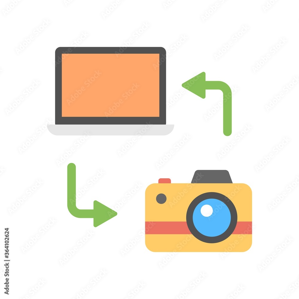 Poster file transfer between laptop and camera. photo camera connection with computer. flat icon illustrati