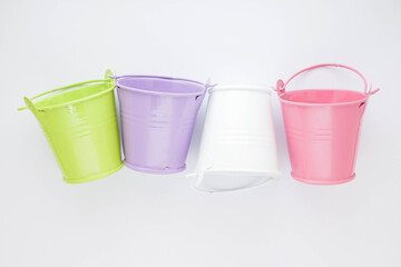 bucket, colorful plastic canned on white background