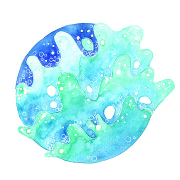 Splash ocean wave, bubble and sky in circle shape banner watercolor hand painting for decoration on summer holiday theme.
