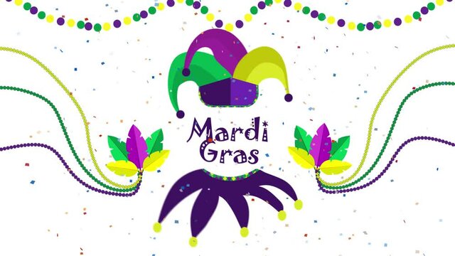 Mardi Gras jester hat animation and colorful feathers