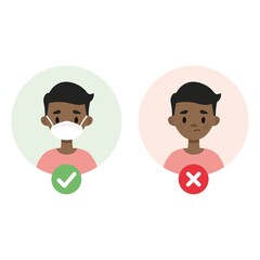 Cute boy wearing a face mask. Set of two images showing how to prevent spreading viruses and bacteria.