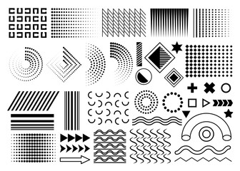 black set of memphis design elements, memphis geometric simple isolated graphic elements collection for your design projects. isolated circles, waves, dots, gradients on white background.