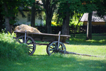 Fototapeta na wymiar Old rural cart for hay on the grass