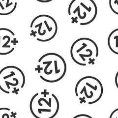 Twelve plus icon in flat style. 12+ vector illustration on white isolated background. Censored seamless pattern business concept.