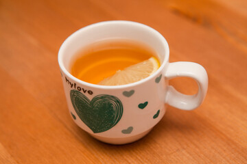 Cup for tea with inscription my love and hearts of love