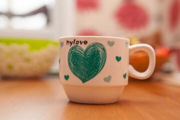 Cup for tea with inscription my love and hearts of love