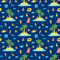 Colorful seamless summer pattern with beach elements. Palm, watermelon, ice cream, swim, sand.