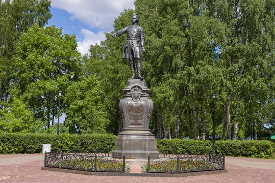 Monument to Peter the Great (1873) in a city square on a sunny June day. Petrozavodsk, Russia