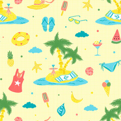 Seamless pattern summer beach theme, illustration with hat, sunglasses