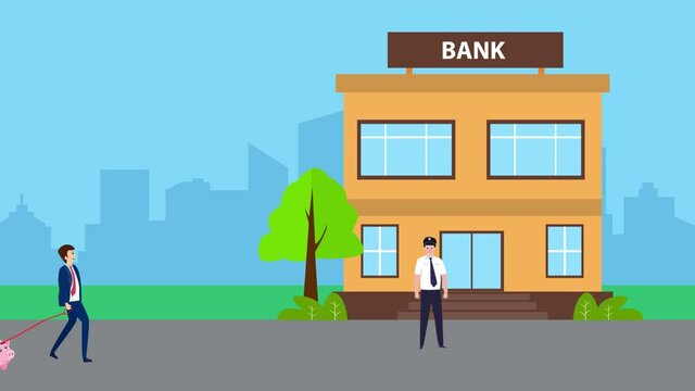 Businessman carry his piggy bank to bank building