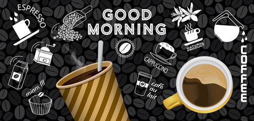 Bannière ou affiche composée d’un gobelet et d’une tasse géante en couleur ainsi que différentes silhouettes blanches sur le thème du café. © ID-EasyDoor