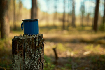 Outdoor shot of dark blue enameled cup of coffee placed on stump in autumn forest. Mug with tea on stub in summer wood. Nature, hiking, camping and travel equipment concept. Nobody around