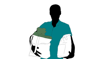 Fototapeta na wymiar An african-american delivery man carrying cardboard box on the background. Delivery man with a box in his hands. flat design illustration in the circle isolated on background.