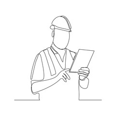 Continuous line drawing of foreman constructor engineer technician mechanic wearing safety helmet and holding blueprint paper design. Vector illustration