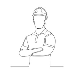 Continuous line drawing of foreman constructor engineer wearing safety helmet. Vector illustration