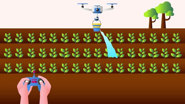 Farmer using a robot drone for irrigating plant