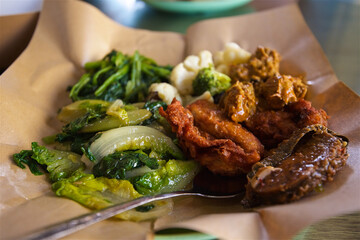 stewed vegetables in sauce and mushrooms, Chinese shiitake, Peking cabbage, vegetarian dish, fried soy meat, vegetarian tofu fish