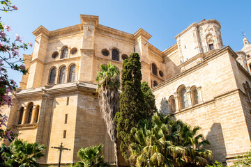 Fototapeta premium The Cathedral of Malaga back view from Calle Cister street. Medieval Roman Catholic church in renaissance style with baroque facade, green trees and a garden in front. Malaga, Andalusia,Spain.