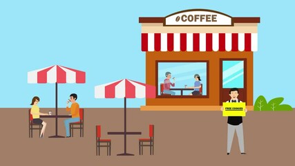 Store worker hold free cookies text near coffee shop