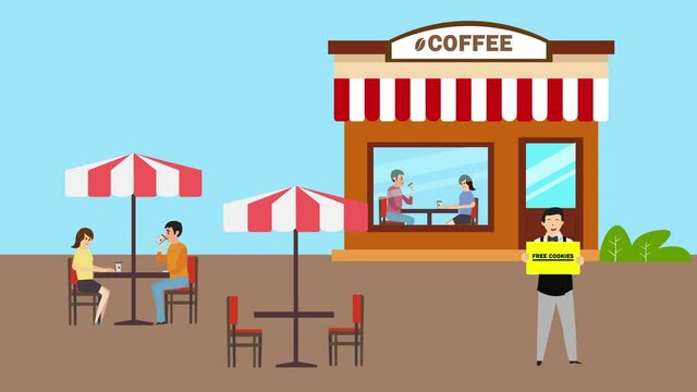 Store worker hold free cookies text near coffee shop