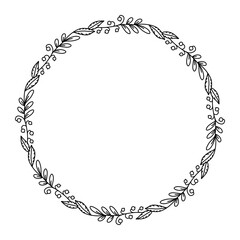 Beautiful frame wreath of interwoven berries and leaves on a white background. Black white wreath illustration with place for text. Wreath for wedding invitations, prints, cards.