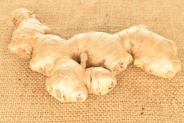 Fresh ginger root, close-up, on a wooden table.