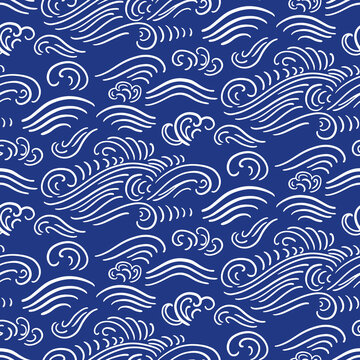 Ocean waves seamless pattern, blue and white colors