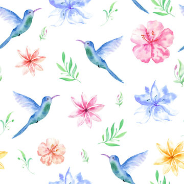 Floral seamless tropical pattern, summer background with exotic flowers, palm leaves, jungle leaf, orchid flower and hummingbird. Vintage botanical wallpaper, illustration in Hawaiian style.