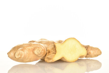 Ripe ginger root, close-up, on a white background.