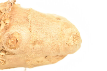 Ripe ginger root, close-up, on a white background.