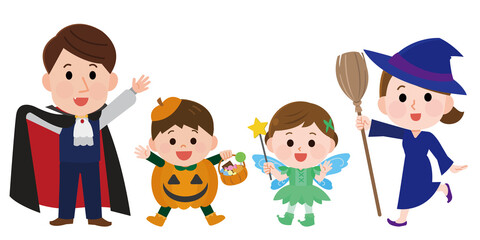 親子　仮装　ハロウィンパーティ　イラスト