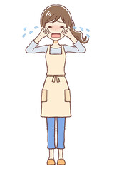 大泣きするエプロン女性
