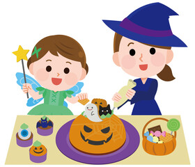 ハロウィン　かわいいお菓子にを作る子供と母親　イラスト
