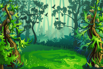 Vector forest background. Trees, bushes and thickets in the form of silhouettes.