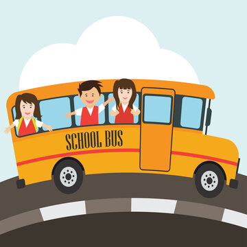 kids with uniform going to school riding yellow school bus in cartoon character. vector illustration