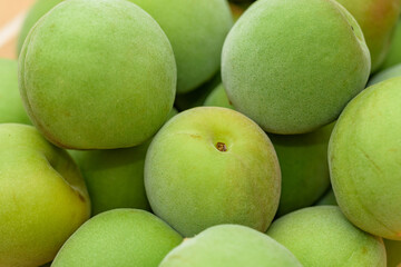 Harvested Green Japanese apricot fruit, Young fruits of Ume