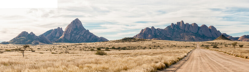 Panorama of Spitzkoppe and Pondok mountains seen from road D3716