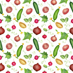Watercolor handmade seamless pattern with summer vegetables redish, potatoes, cucumber, onion and leaves.White background.