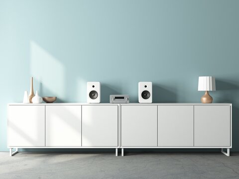 Modern audio stereo system mockup and white speakers on bureau in modern interior
